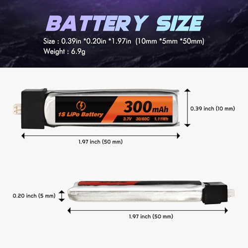 1S LiPo Battery with Micro JST 1.25 Connector, 3.7V 300mAh 30C Blade Inductrix Battery for Kingkong Tiny 6 Tiny Whoop FPV Racing Drone-4pcs