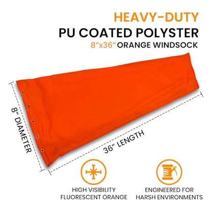 8"x36" Airport Windsock | Heavy Duty, Waterproof, UV Fade Resistant, High Vis Fluorescent, Quad Stitched, Zip Ties Included, for Industrial, Ranch, and Agricultural Use | Orange - size: 8"×36"