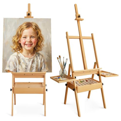 Painting Art Easel with Storage, 57"-72" Height Adjustable Easel Stand - color: Natural Wood