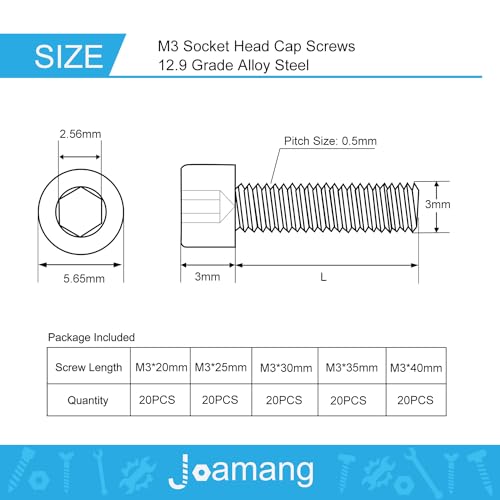 M3 x 20mm 25mm 30mm 35mm 40mm Hex Socket Head Cap Screws Bolts, 12.9 Grade Alloy Steel, Black Oxide Finish, Metric Allen Drive, Fully Threaded, Assortment Kit 100Pcs - size: Socket M3x20-40 mm