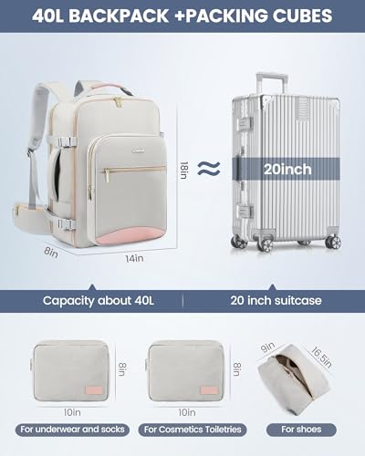 LOVEVOOK 40L Travel Backpack with Waist Strap,Flight Approved Carry on Backpack,Waterproof Personal Item Travel Bag,TSA Carry on Luggage Suitcase Travel Essentials,Gifts for Women & Men,fit 17" Laptop - color: A-light Gray-pink, size: Large-40L-4Pcs(Waist
