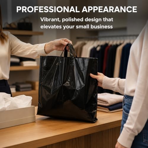 19x15 Large Plastic Shopping Bags for Small Business with Handles - color: Black