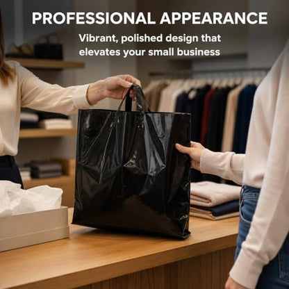 19x15 Large Plastic Shopping Bags for Small Business with Handles - color: Black