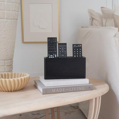 Wooden Remote Control Holder - Adhesive Wall Mount Caddy for 3-4 Remotes - color: Black