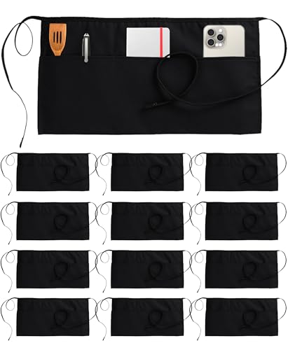 Utopia Wear Server Waist Aprons 12 Pack with 3 Pockets for Men and Women - color: Black