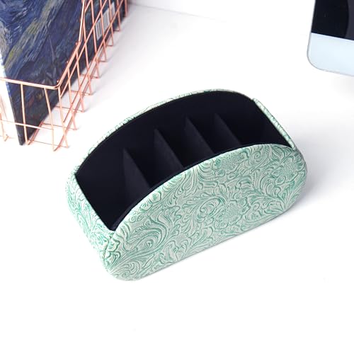Remote Control Holder, PU Leather Remote Caddy Desktop Organizer with 5 Spacious Compartments for TV Remotes/Media Controllers/Office Supplies (1-Carved3 Green2 - color: 1-Carved3 Green2