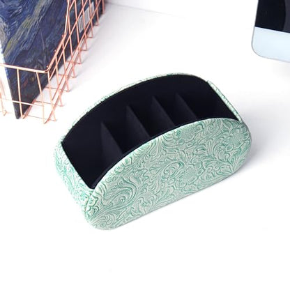 Remote Control Holder, PU Leather Remote Caddy Desktop Organizer with 5 Spacious Compartments for TV Remotes/Media Controllers/Office Supplies (1-Carved3 Green2 - color: 1-Carved3 Green2