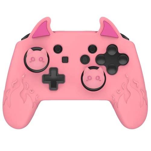 playvital Cute Demon Silicone Grip Cover for Nintendo Switch Pro Controller, Anti-Slip, Kawaii Protective Skin with Joystick Caps and Stickers Compatible with Nintendo Switch Pro- Pink - color: Pink