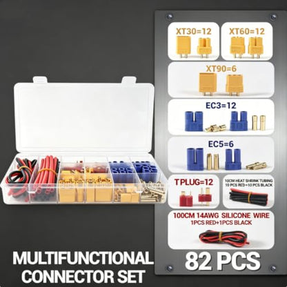 82Pcs T-Plug EC3 EC5 XT30 XT60 XT90 Male & Female Plug Adapter Connector - color: 82pcs