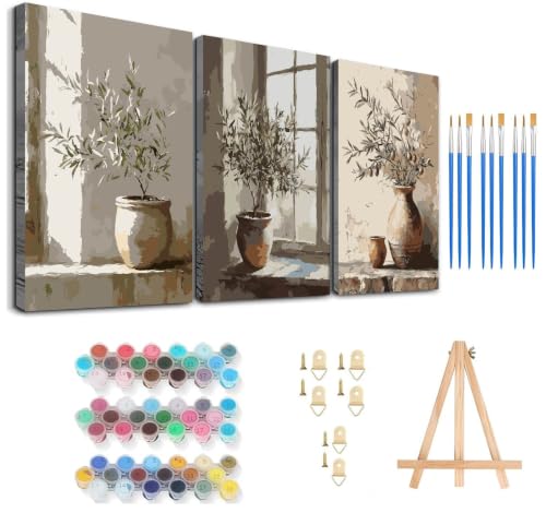 Axquilon 3 Packs Olive Tree Framed Paint by Numbers Kit for Adults 8x10 in - color: 3 Pack Olive Tree with Easel