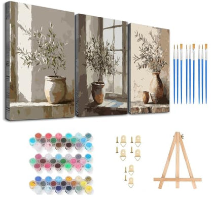 Axquilon 3 Packs Olive Tree Framed Paint by Numbers Kit for Adults 8x10 in - color: 3 Pack Olive Tree with Easel