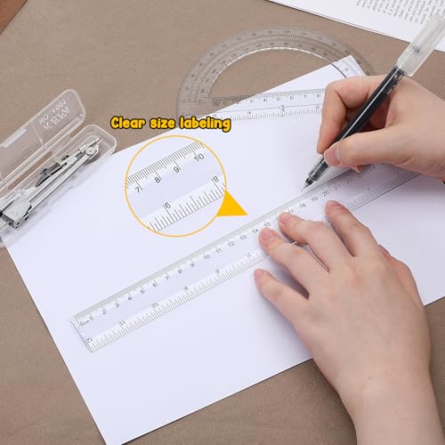 Compass and Protractor Set, 3 PCS Plastic Ruler 12 Inch Clear Ruler for Drawing Transparent Drawing Measuring Rulers Compass Geometry Tool for Math Drafting Art Home Office Drawings