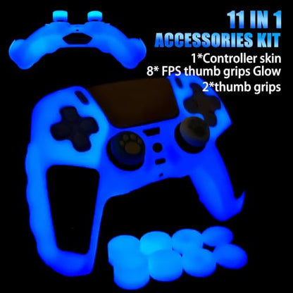 Glow in The Dark PS5 Controller Skin,Blue Anti Slip Soft Thicked Studded Silicone Cover Skins Compatible with PS5 Controller,Include 8 PCS Blue Thumb Grips Glow and 2 Cat Paw Grips Accessories. - color: Glow Blue Black