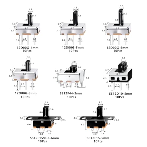 VEXUNGA Slide Switch Set Mini Micro Slide Switches SPDT 1p2t Small Toggle Switch Vertical Panel Mount ON Off 2Position 3Pin SS12F15 SS12F15VG6 SS12D00G SS12F44 SS12D10 (80Pcs)