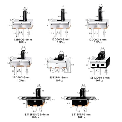 VEXUNGA Slide Switch Set Mini Micro Slide Switches SPDT 1p2t Small Toggle Switch Vertical Panel Mount ON Off 2Position 3Pin SS12F15 SS12F15VG6 SS12D00G SS12F44 SS12D10 (80Pcs)