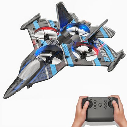 BEZGAR RC Plane Toy for Kids, Fighter Jet with LED Lights & 360° Flip, Blue - color: Blue