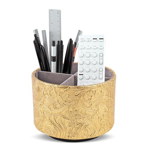 lizimandu Round Leather Art Supply Organizer,Remote Control Holder,360 Degree Spinning,Multi-Functional Pencil Holder,4 Compartments Desktop Stationary Organizer(1-Carved Gold) - color: 1-Carved Gold