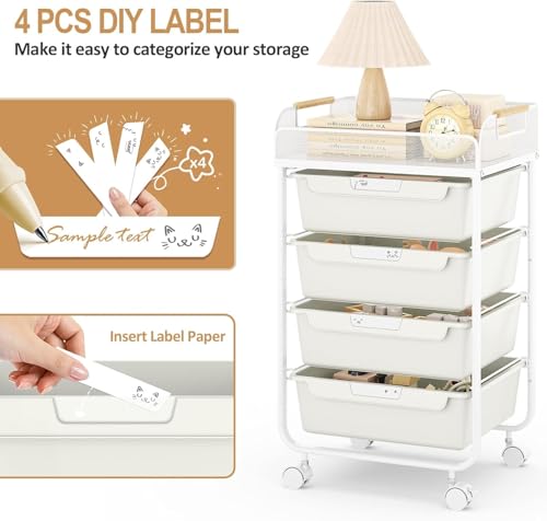 SYKIARIOL 4-Drawer Rolling Storage Cart with Mesh Top,White - color: Cream White