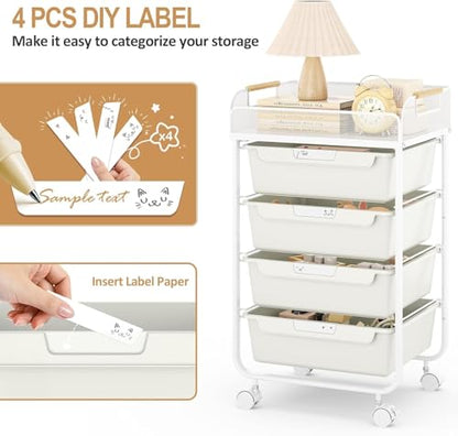 SYKIARIOL 4-Drawer Rolling Storage Cart with Mesh Top,White - color: Cream White