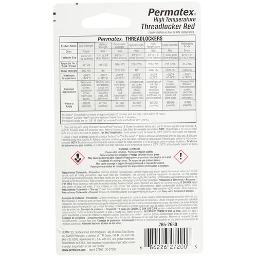 Permatex 27200 Hiigh Temperature Threadlocker Red, 10 ml - size: 10 ml, style: Liquid - High Temperature