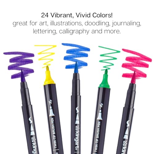 KINGART PRO 445-24 Dual Twin-Tip Brush Pens, Multicolor, 24-Colors