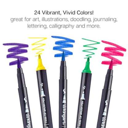 KINGART PRO 445-24 Dual Twin-Tip Brush Pens, Multicolor, 24-Colors