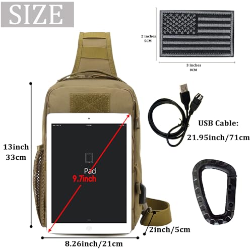 Valinov Tactical Shoulder Bag,Molle Shoulder Backpacks,Military Sling Daypack Backpack with USB Charging port - color: 1 Pack Tan