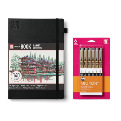 SAKURA Pigma Micron Pen 6 Pack and A4 Sketchbook Black Drawing Bundle