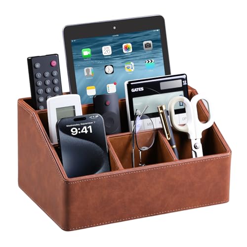 PU Leather Desk Organizer, Remote Control Holder, Brown - color: Brown