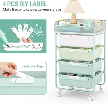 SYKIARIOL 4-Drawer Rolling Storage Cart with Mesh Top,Green - color: Gradient Green