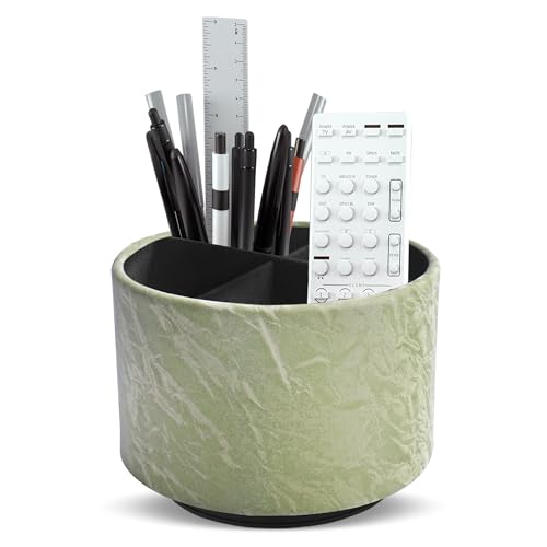 Round Leather Art Supply Organizer,Remote Control Holder,360 Degree Spinning,Multi-Functional Pencil Holder,4 Compartments Desktop Stationary Organizer(1-Hill Green) - color: 1-Hill Green
