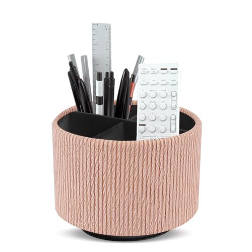Round Leather Art Supply Organizer,Remote Control Holder,360 Degree Spinning,Multi-Functional Pencil Holder,4 Compartments Desktop Stationary Organizer(1-Wood Apricot) - color: 1-Wood Apricot