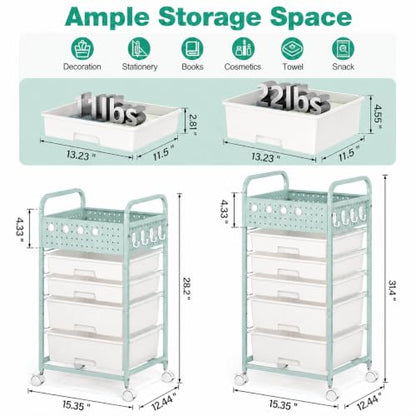 5 Drawer Rolling Storage Cart with Pegboard Top and Hooks, Green - color: Green, size: 5-Drawers