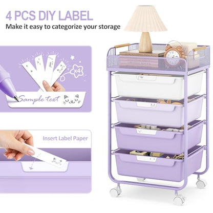 SYKIARIOL 4-Drawer Rolling Storage Cart with Mesh Top,Purple - color: Purple
