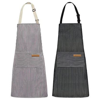 NLUS 2 Pack Kitchen Cooking Aprons, Adjustable Bib Soft Chef Apron with 2 Pockets for Men Women (Brown/Dark Black Strips) - color: Brown/Dark Black