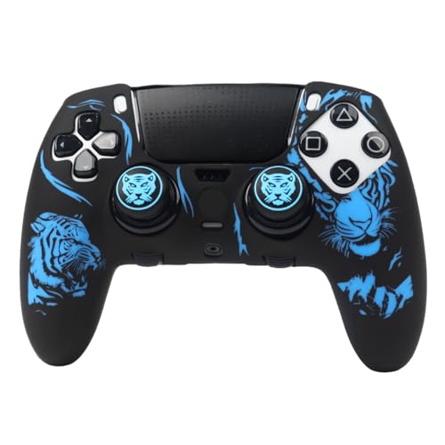 RALAN Tiger Silicone Controller Skins with 2 Thumb Gripsr Compatible with PS5 Dualsense Edge Controller Play Station 5 Accessories, Sweat-Proof Anti-Slip Cover Skin Protecto - color: Tiger Black Blue