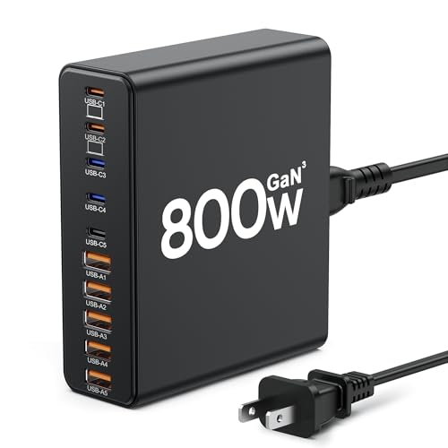 800W USB C Charger Block,10-Port GaN Charging Station - color: Black