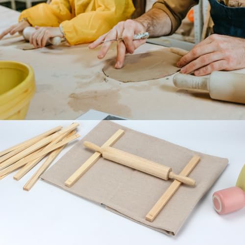 12 Pcs Pottery Tools Kit, Wood Rolling Pin Sculpting Polymer Clay Tools, Portable Pottery Wedging Board/Linen Tablecloth, 10 Pcs 5 Size Pottery Teaching Rolling Mud Stick Guide (Tablecloth)
