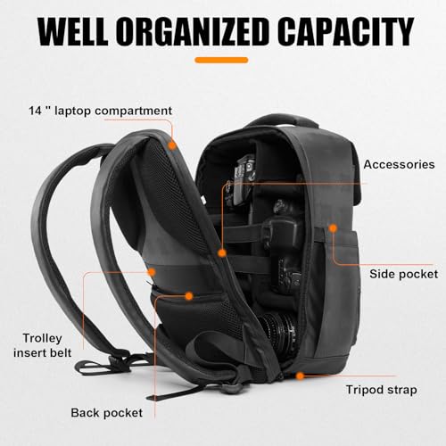 Cwatcun PU Leather Camera Backpack, DSLR Bag with Tripod Holder - color: Black, size: 9.0 Small