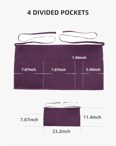 Argstar 2 Pack Server Apron with 4 Pockets, Waitress Waiter Waist WaterDrop Resistant Short Aprons - color: Purple