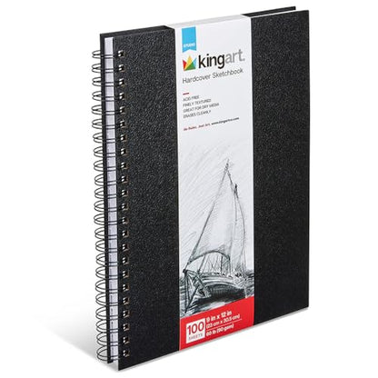 KINGART Hardcover Sketchbook (Black), Side Wire Bound, 60 Lbs. (90G), 9" X 12", 100 Sheets