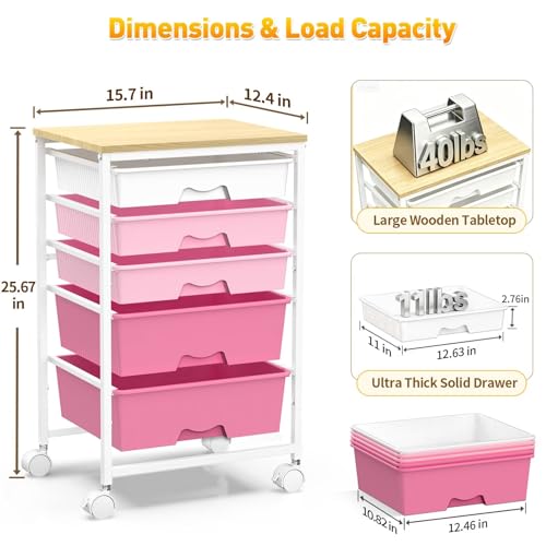 SUNALLY Rolling Carts with 5 Drawers, Storage Drawer Carts for Craft, Pink - color: Pink