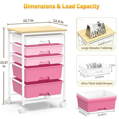 SUNALLY Rolling Carts with 5 Drawers, Storage Drawer Carts for Craft, Pink - color: Pink