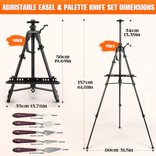 Adjustable Artist Easel - 19.69" to 61.8", Portable Folding Tabletop or Floor Easel with Brush Tray, Carry Bag, 4 Clips, 5 Palette Knives for Painting, Display, and Art Exhibitions (Black)