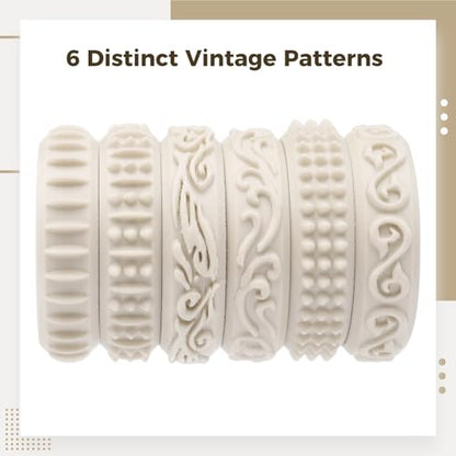 Clay Texture Rollers Set with Handle, 2.36 in Diameter 6 Pattern Clay Textured Rolling Pins for Pottery, Dough, Fondant, Biscuit, Reusable Arts & Crafts