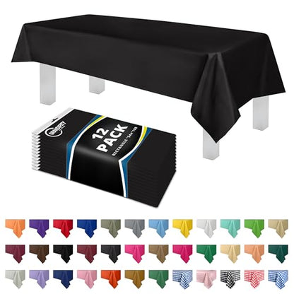 Grandipity Plastic Table Cloth Disposable 12 Pack 54” x 108” Rectangle - color: Black, size: 54in. x 108in. Rectangle