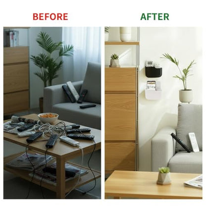 Wall/Bedside Remote Control Holder & Storage Box with Adhesive/Separable Mount - Plastic Media Player & Controller Organizer, Phone Charging Station, for TV Remotes,Stationery - Compact Space-Saving