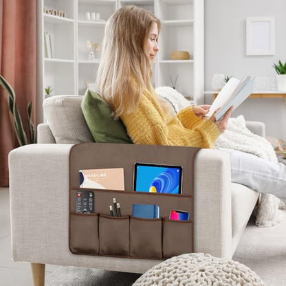 Remote Control Holder for Armchair Caddy, Remote Holder with 5 Pockets - color: Brown, size: 35"x18"