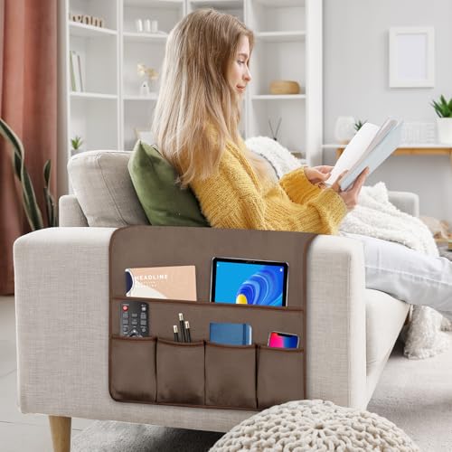 Remote Control Holder for Armchair Caddy, Remote Holder with 5 Pockets - color: Brown, size: 35"x18"