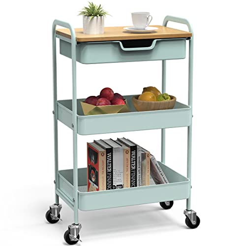 3 Tier Rolling Cart, Utility Cart with Drawer& Table Top, Mint Green - color: Mint Green
